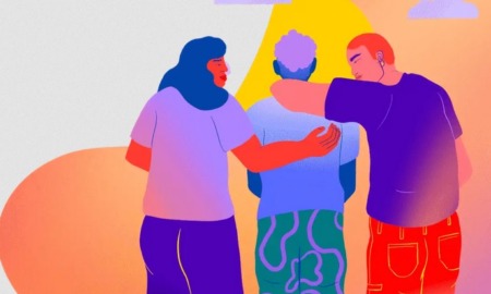 2023 national survey on the mental health of LGBTQ young people: colorful illustrative graphic of three people with arms around eachother