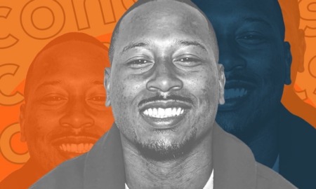 Eric Morrison-Smith named executive director: stylized orange and blue graphic with image of Black man smiling