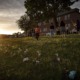 US church boarding school pasts: memorials of lights and flowers on grass in front of building and tree at sunset