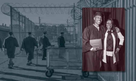 Learning to thrive after doing time: young black man in graduation garb standing next to older black woman smiling