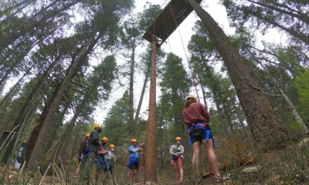 COVID Camp guidelines: Campers waering shorts, t-shirts and daypacksstand amidst tall trees