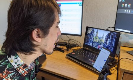 new speech assistance software: Muratcan Cisek speaks into a Google device, attached to his home computer, that is being used to develop a prototype of voice recognition software especially for the disabled who now have a hard time getting such gadgets as Alexis or Siri to understand them.