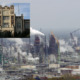 Tax Rebates cost schools: Long view of an oil refinery with dozens of smoke stacks belching white smoke and insert of a traditional red brick building with very ornate white trim