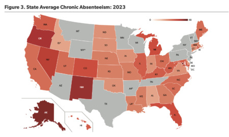 Post-COVID school absenteeism: Outline map of United States with each state filled in with shades or orange, red or gray based on level of absenteeism