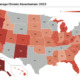 Post-COVID school absenteeism: Outline map of United States with each state filled in with shades or orange, red or gray based on level of absenteeism