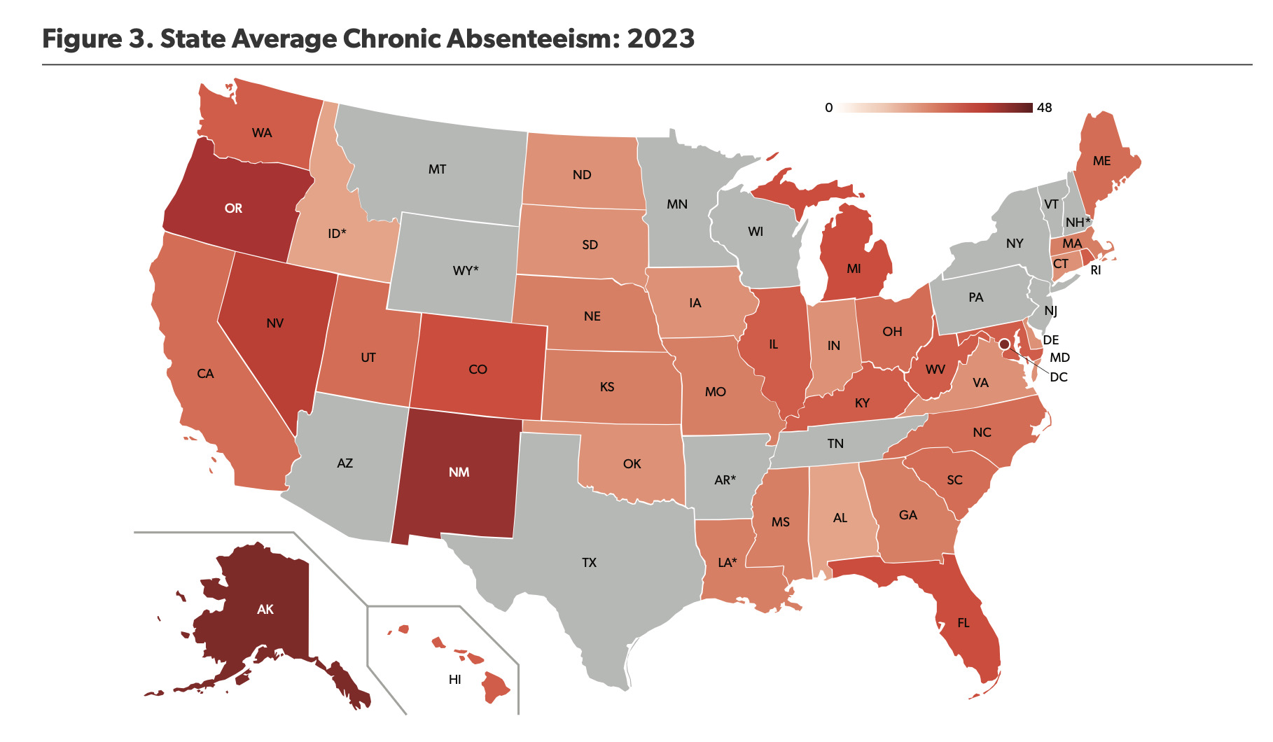 Post-COVID school absenteeism: Outline map of United States with each state filled in with shades or orange, red or gray based on level of absenteeism