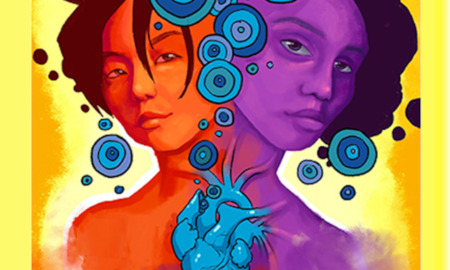 Report Washington Homeless Youth: Bright, colorful report cover with yellow background and two faces — one orange, one purple — surrounded by multi-color swirl designs.