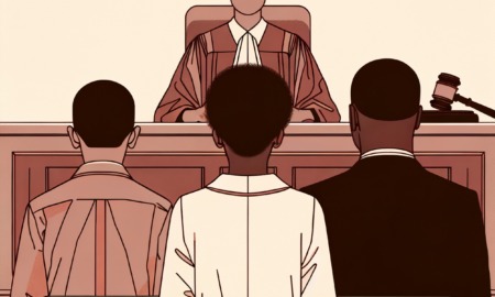 Juvenile Court defenders Ohio Illustration on tans and browns of female judge seated in courtroom facing black attorney and client both standing facing the judge