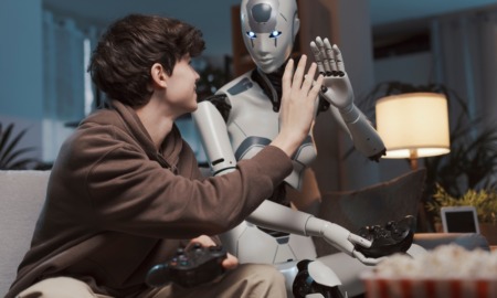 ChatGPT student cheating: Male teen with brown hair sits next to larger adult-size white humanoid robot. They are looking at each other and giving each other high five with hands meeting.