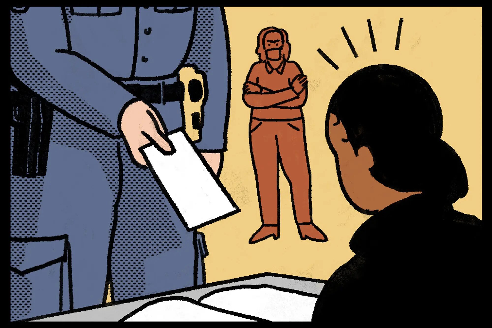 Police Ticketing Students Civil Rights case: Illustration close-up of policeperson in uniform standing in front of student sitting at desk while handing student a ticket