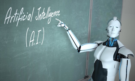 AI usage by teachers: Humanoid white robot looking into camera points to the green chalkboard with the text "Artificial Intelligence."