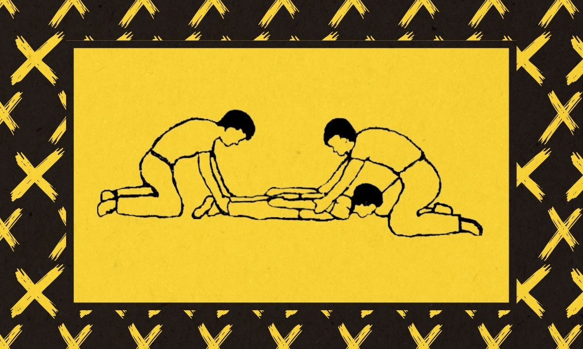 Illustration black ink on bright yellow background or two adults on their knees at head and feet of small child pinning him face-down to the ground