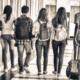 school segregation levels: Back view of teens with school backpacks walking away from camera in a school hallway