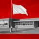 Civic curriculum debate: Two children face each other at very tall flagpole raising an all-white flag up the pole that is on a lawn in front of a one-story brick building with multiple large windows. Red sky above building.