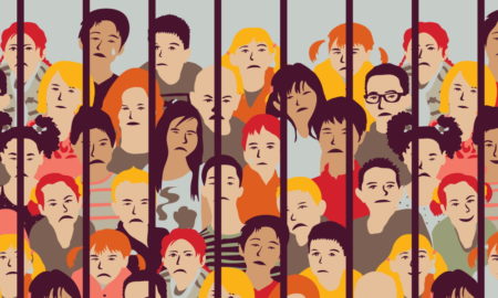 CA juvenile system: Multicolored illustration of around 25 yung faces behind vertical bars