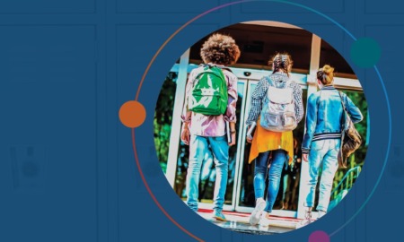 Youth risk behavior survey: graphic with circle photo inset with three kids with backpacks walking towards glass doors