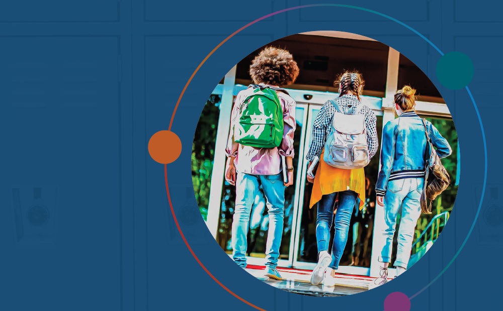 Youth risk behavior survey: graphic with circle photo inset with three kids with backpacks walking towards glass doors