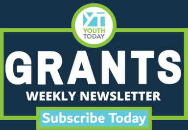 Youth Today logo and "Grants Weekly Newsletter — Subscribe Today" text with click-through to subscribe page. White text on navy blue and turquoise.