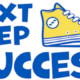 Job: Next Step to Success in blue on white with yellow hi-top sneaker logo