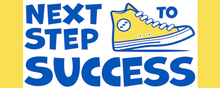 Job: Next Step to Success in blue on white with yellow hi-top sneaker logo