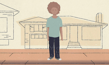 Homeless: Illustration of young adult or teen wearing black pants, green t-shirt and sneakers with light red, short curly hair standing on sidewalk in front of a house.