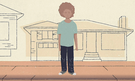 Homeless foster youth: Illustration of young adult or teen wearing black pants, green t-shirt and sneakers with light red, short curly hair standing on sidewalk in front of a house.