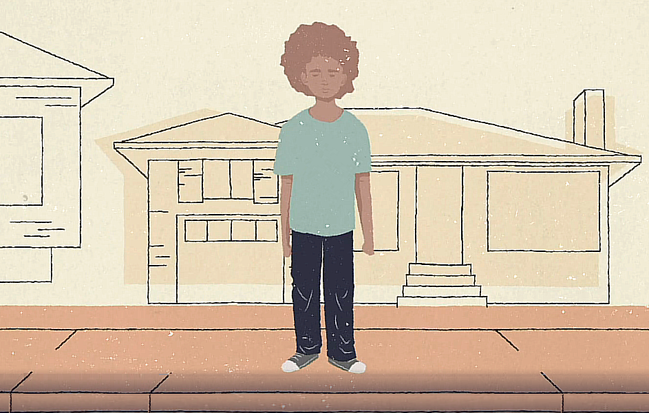 Homeless foster youth: Illustration of young adult or teen wearing black pants, green t-shirt and sneakers with light red, short curly hair standing on sidewalk in front of a house.