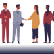 Nonprofit board development: Multi-colored illustration of several adults stnding in a line looking at each other and shaking hands.