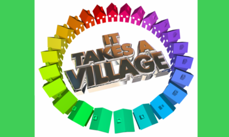 Community programs: Multicolored houses in circle around brown 3D text "It takes a village"